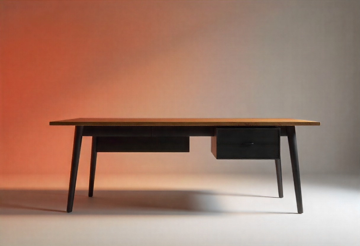 Contemporary executive office desk with walnut top and integrated cable management